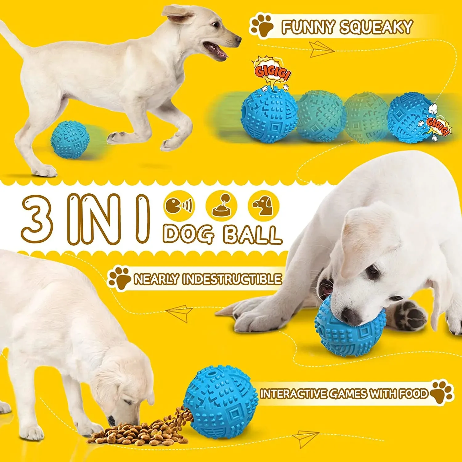 Dog Balls Treat Dispensing Dog Toys, Dog Toys for Aggressive Chewers Large Breed, Squeaky Dog Chew Toys for Large Dogs, Natural Rubber Dog Puzzle Toys, Tough IQ Dog Treat Balls