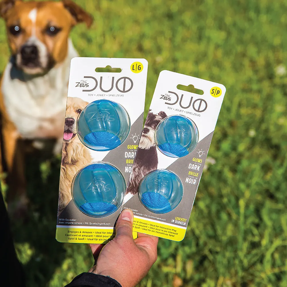 Zeus Duo Balls GLO Glow in the Dark with Squeaker 2Pk 2 Sizes